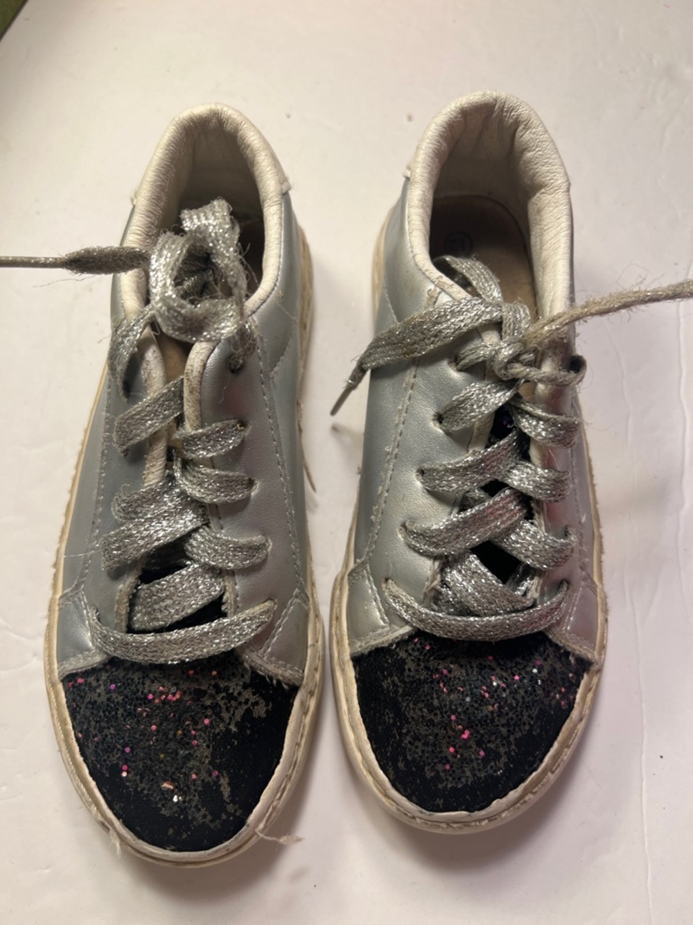 Kids Silver Glitter Lace-Up Sneakers with Black Glitter Toe Used size 12